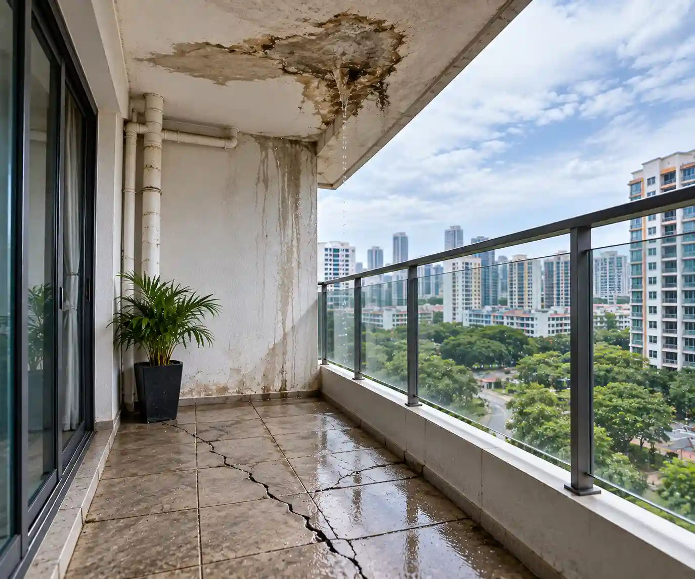 Balcony floor crack causing leak before repair