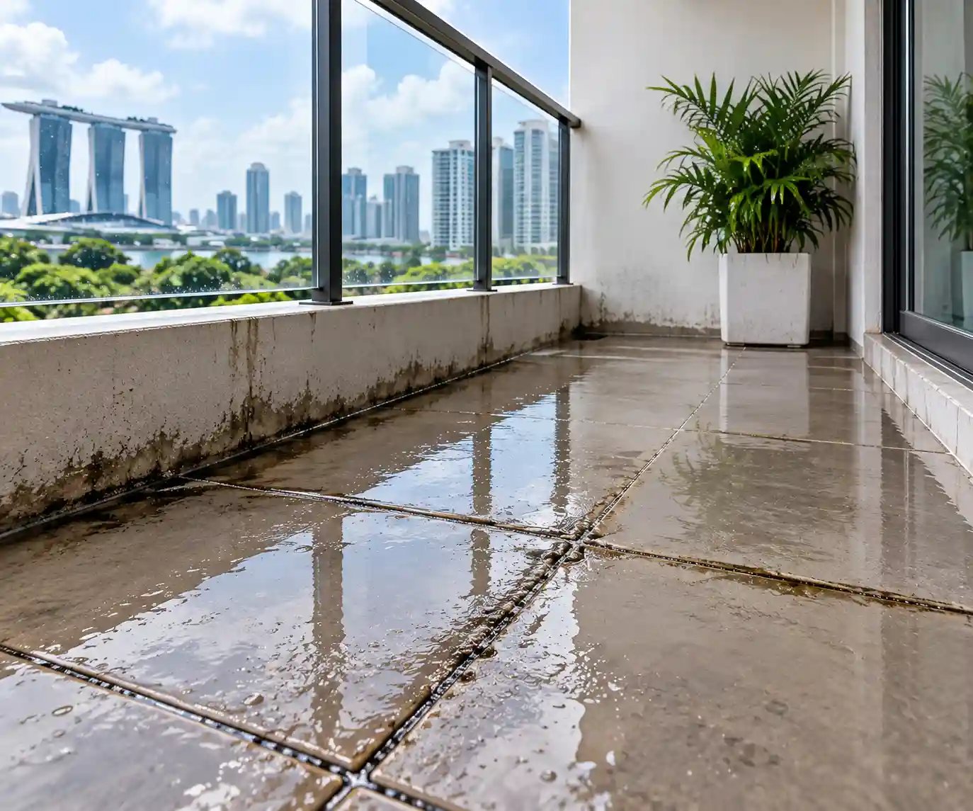 Balcony tile grout seepage before repair