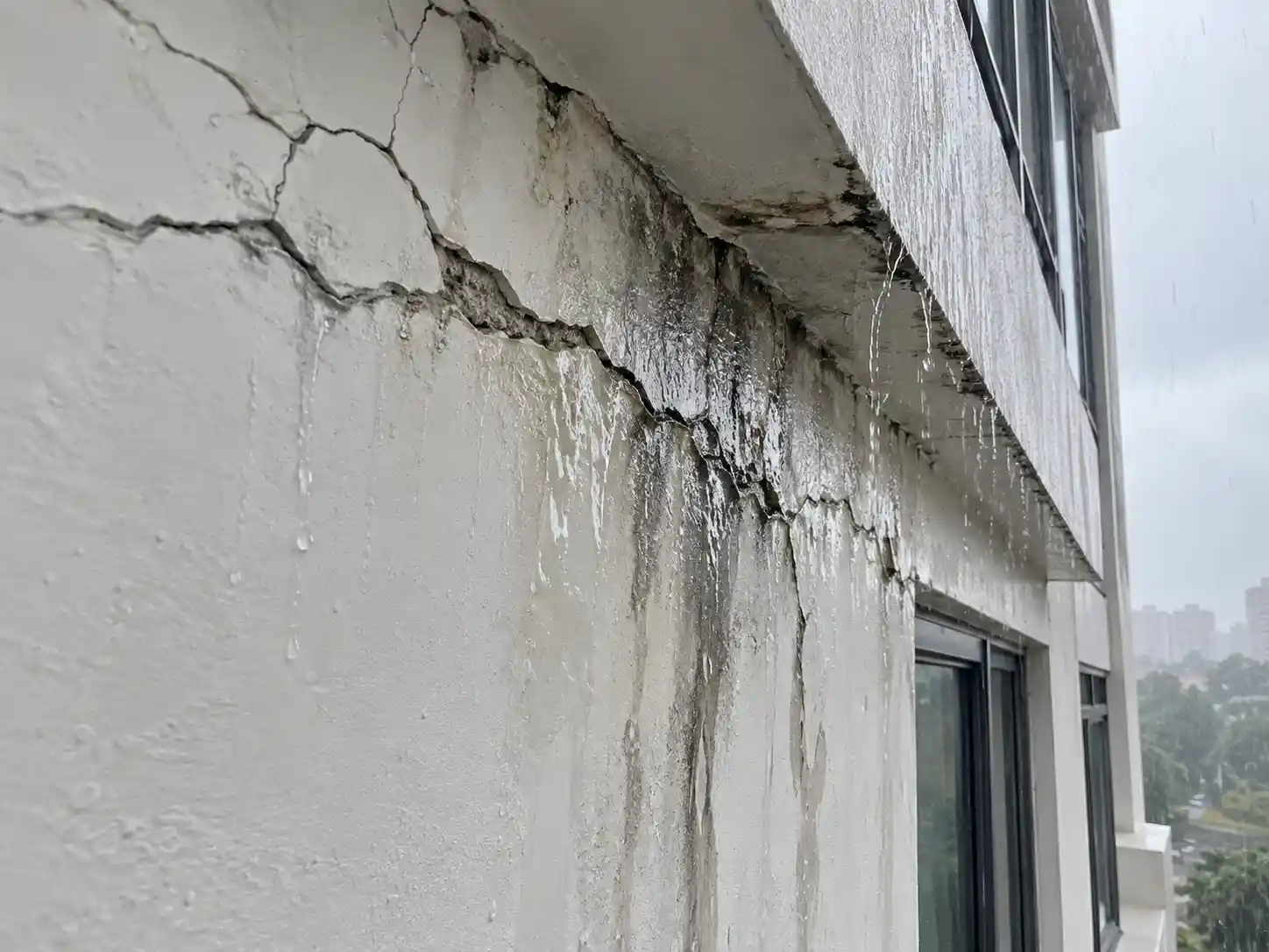 External wall cracks and water stains before waterproofing